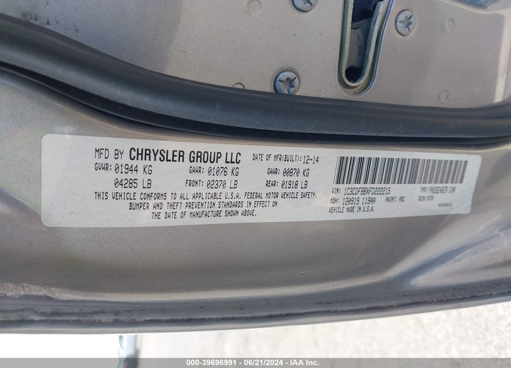 2015 DODGE DART SXT VIN: 1C3CDFBBXFD222215