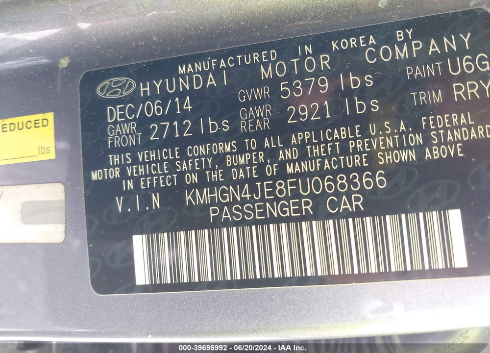 2015 HYUNDAI GENESIS 3.8 VIN: KMHGN4JE8FU068366