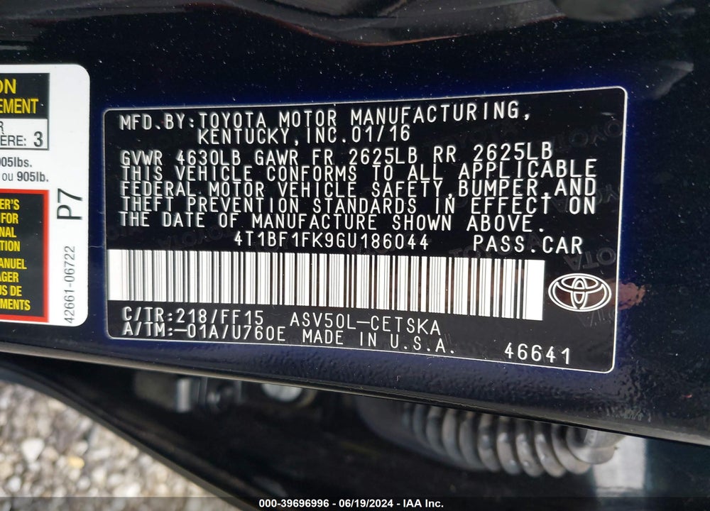 2016 TOYOTA CAMRY SE VIN: 4T1BF1FK9GU186044
