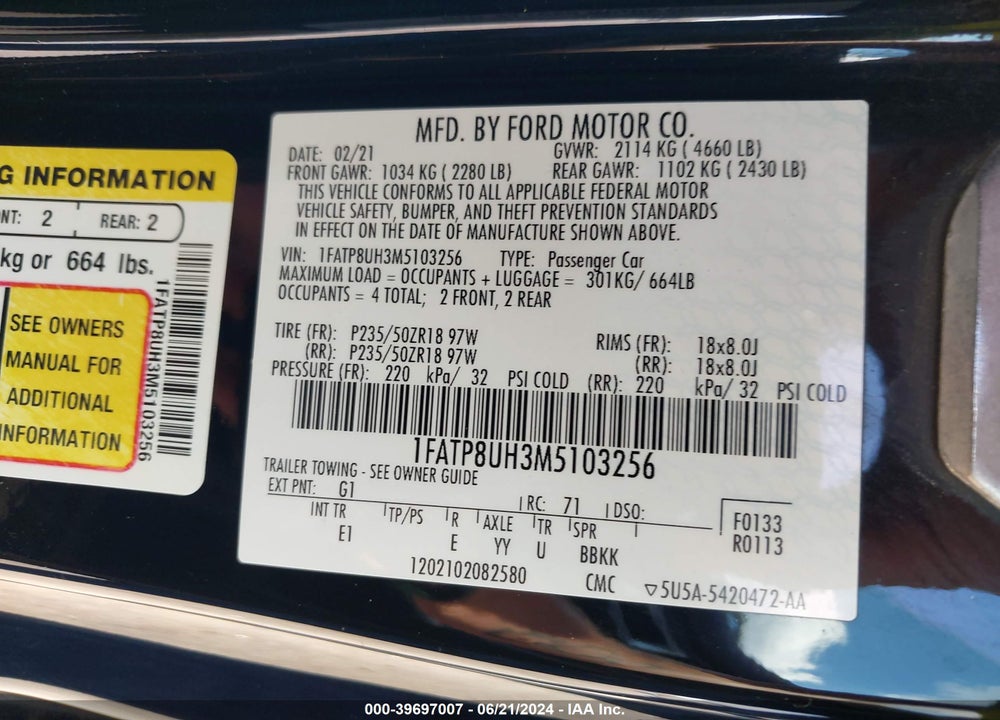 2021 FORD MUSTANG ECOBOOST PREMIUM VIN: 1FATP8UH3M5103256