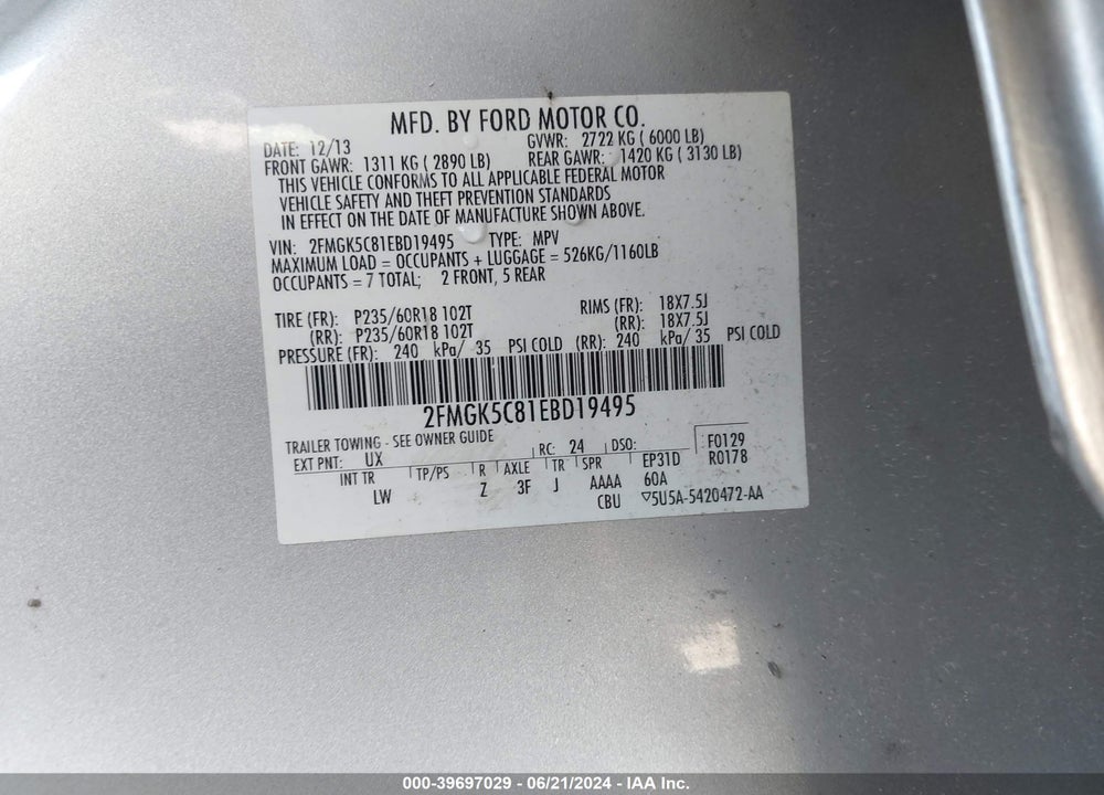2014 FORD FLEX VIN: 2FMGK5C81EBD19495