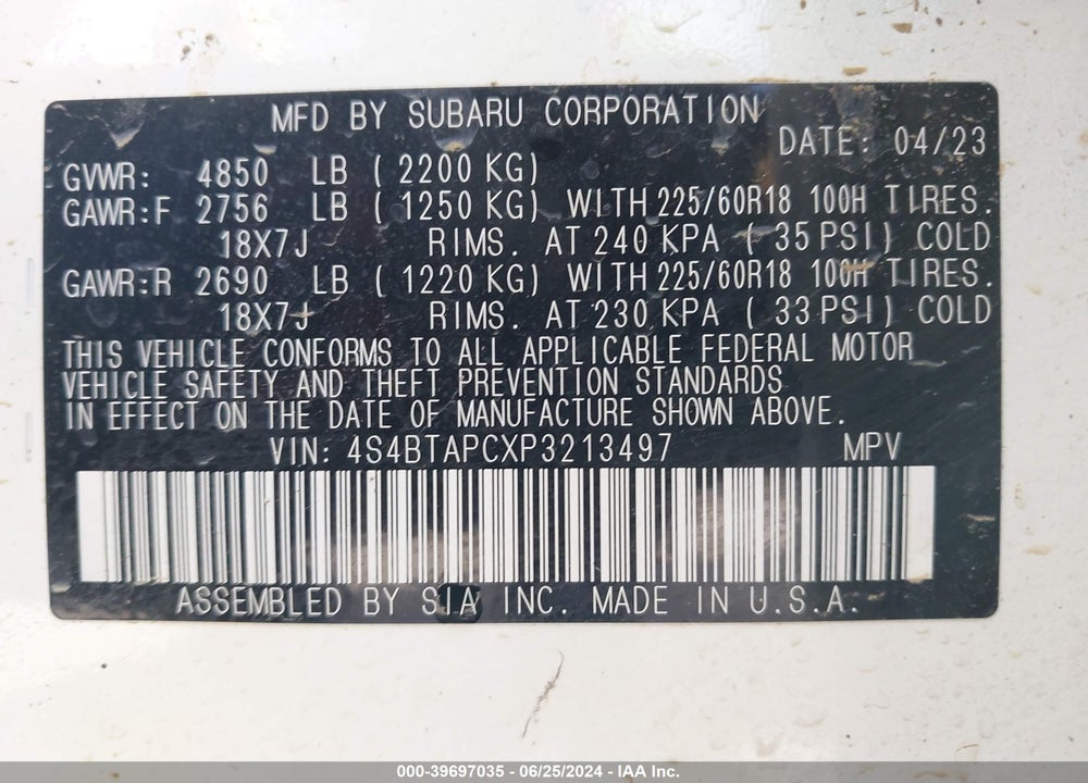 2023 SUBARU OUTBACK TOURING VIN: 4S4BTAPCXP3213497