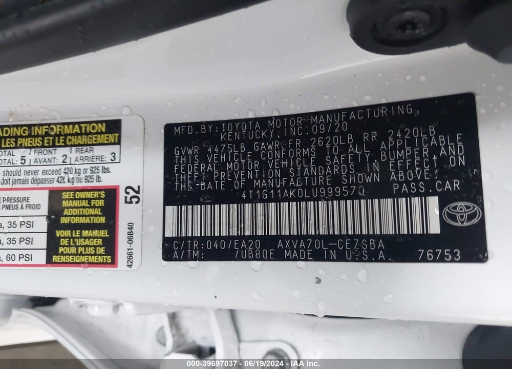 2020 TOYOTA CAMRY SE VIN: 4T1G11AK0LU999570