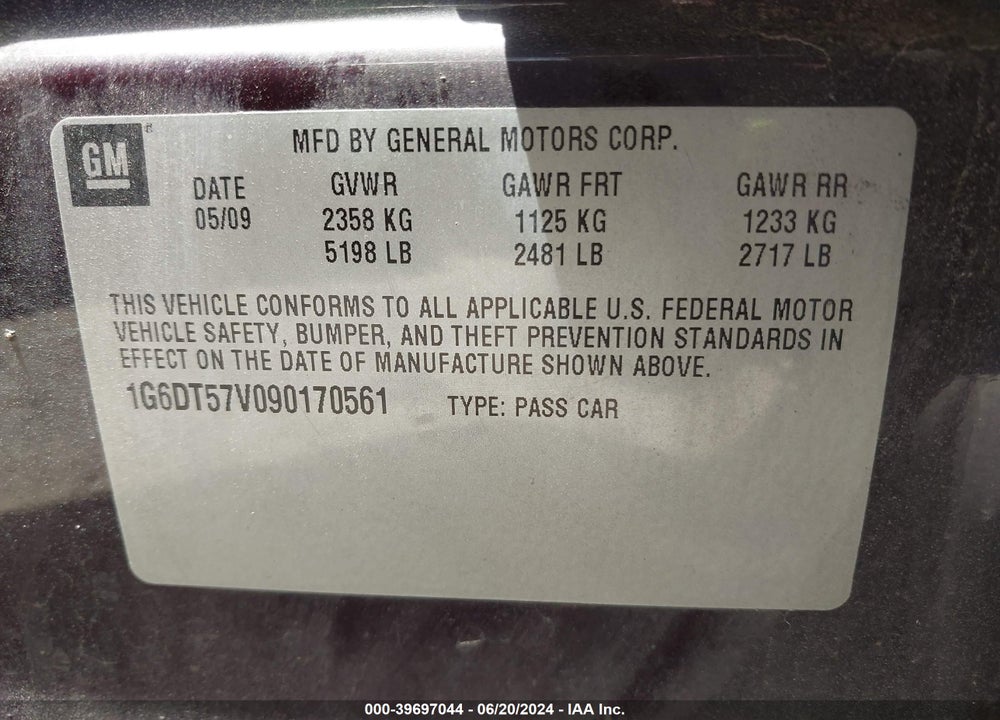 2009 CADILLAC CTS STANDARD VIN: 1G6DT57V090170561