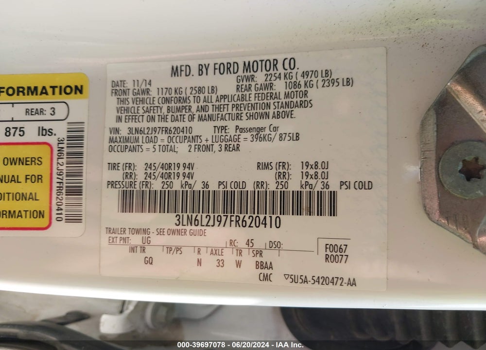 2015 LINCOLN MKZ VIN: 3LN6L2J97FR620410