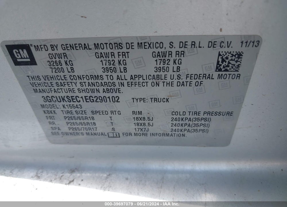 2014 CHEVROLET SILVERADO 1500 1LZ VIN: 3GCUKSEC1EG290102