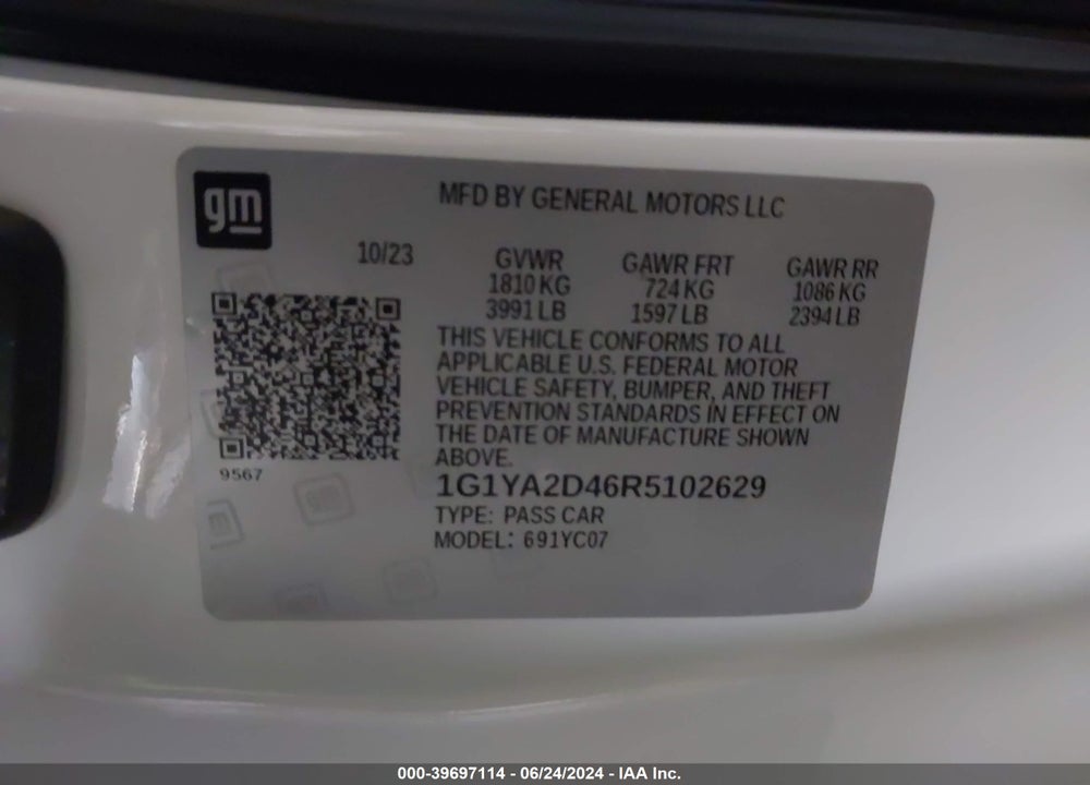 2024 CHEVROLET CORVETTE STINGRAY RWD 1LT VIN: 1G1YA2D46R5102629
