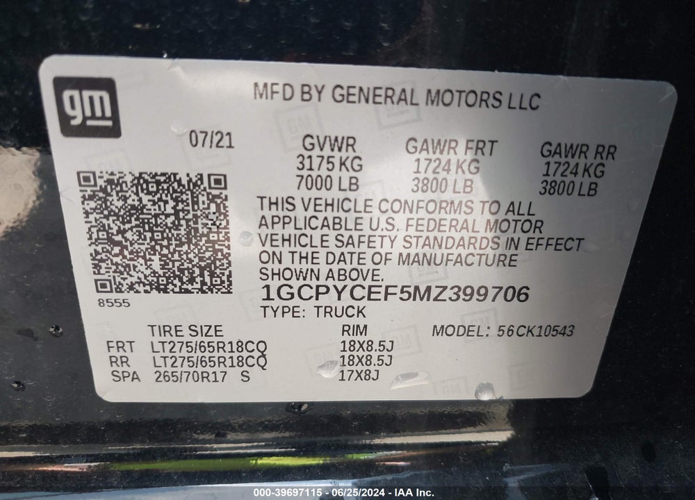 2021 CHEVROLET SILVERADO 1500 4WD SHORT BED CUSTOM TRAIL BOSS VIN: 1GCPYCEF5MZ399706