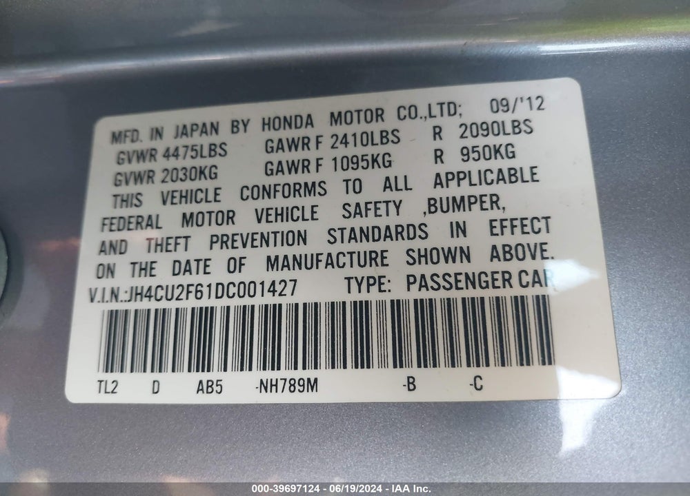 2013 ACURA TSX 2.4 VIN: JH4CU2F61DC001427