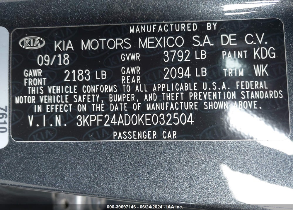 2019 KIA FORTE LXS VIN: 3KPF24AD0KE032504