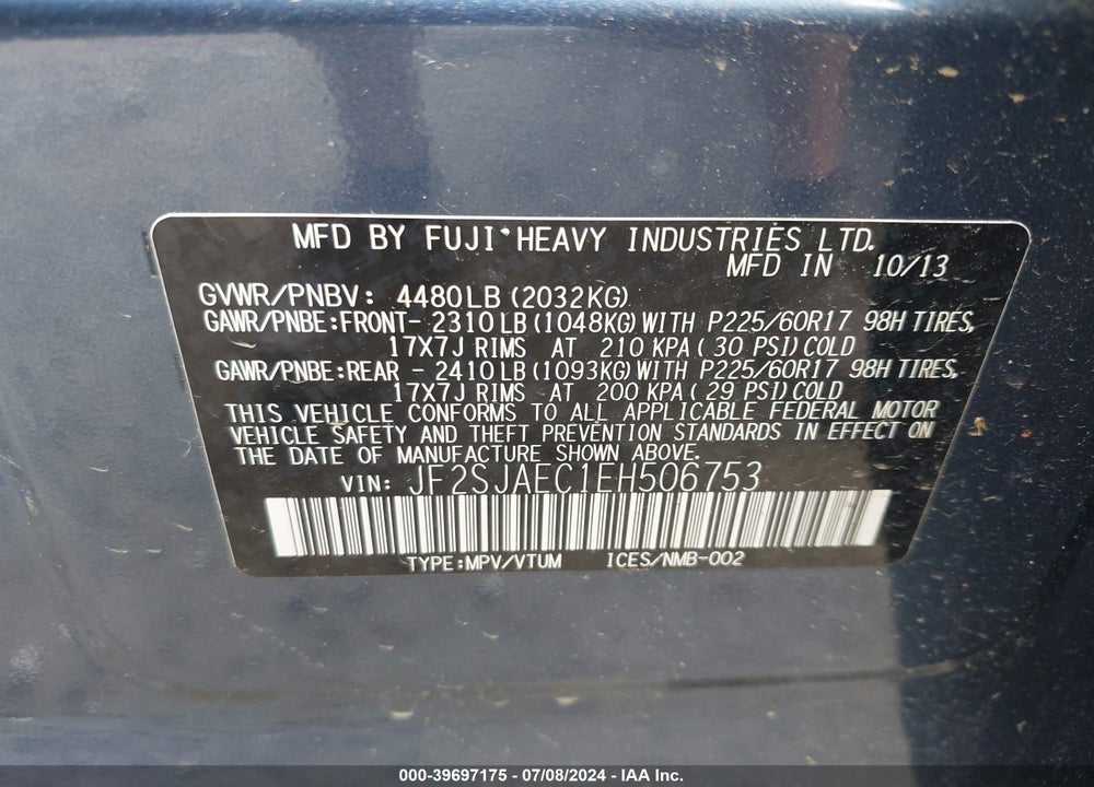 2014 SUBARU FORESTER 2.5I PREMIUM VIN: JF2SJAEC1EH506753