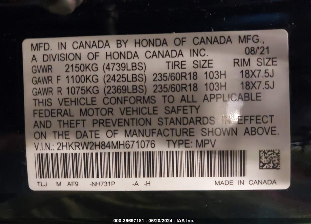 2021 HONDA CR-V AWD EX-L VIN: 2HKRW2H84MH671076