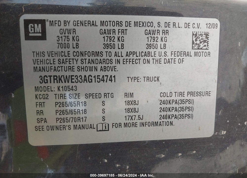 2010 GMC SIERRA 1500 SLT VIN: 3GTRKWE33AG154741