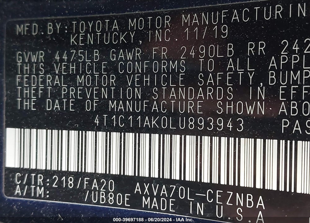 2020 TOYOTA CAMRY VIN: 4T1C11AK0LU893943