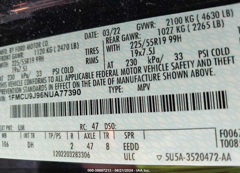 2022 FORD ESCAPE TITANIUM VIN: 1FMCU9J96NUA77390
