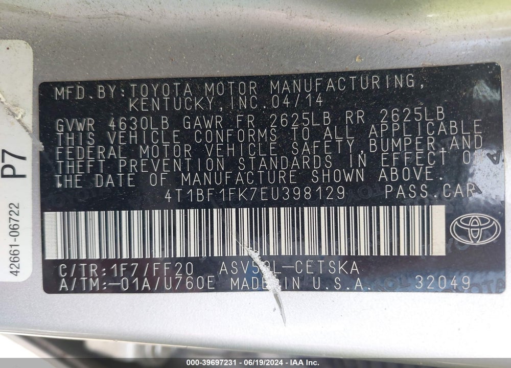 2014 TOYOTA CAMRY SE VIN: 4T1BF1FK7EU398129