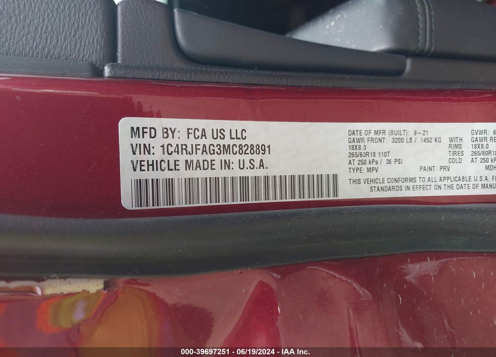 2021 JEEP GRAND CHEROKEE LAREDO E 4X4 VIN: 1C4RJFAG3MC828891