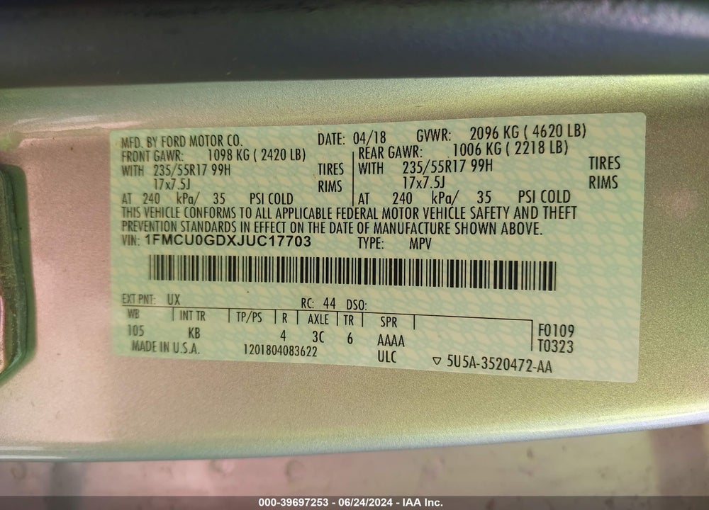 2018 FORD ESCAPE SE VIN: 1FMCU0GDXJUC17703