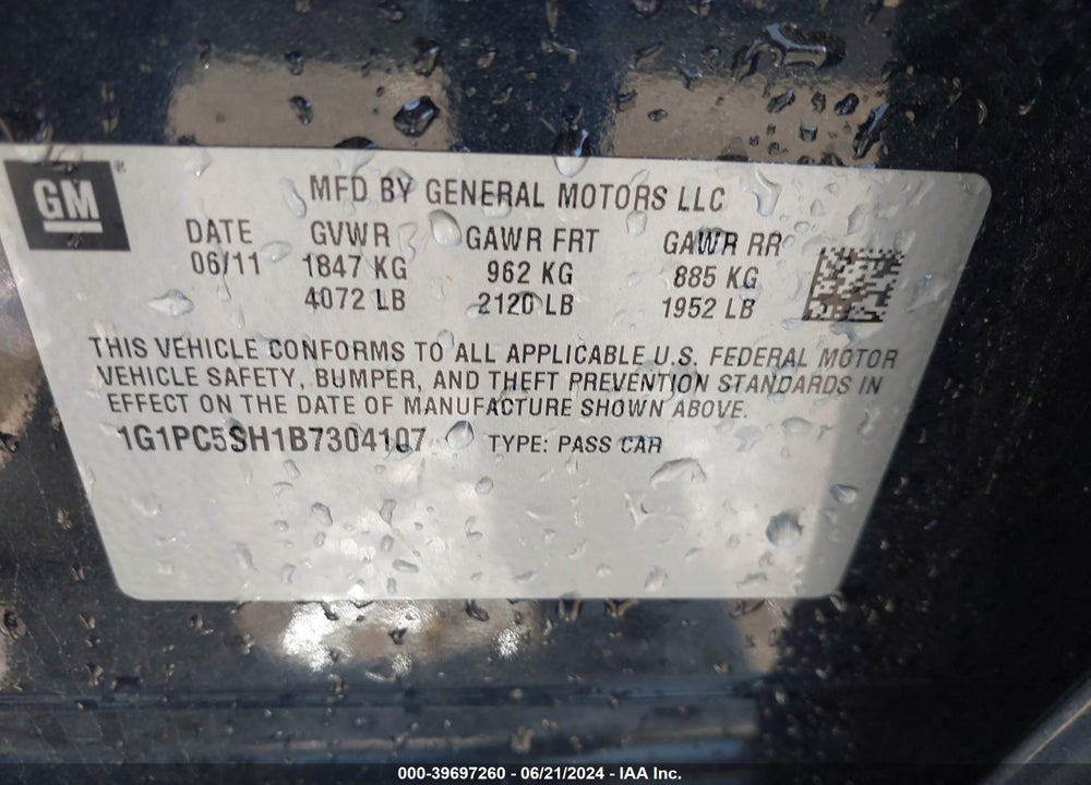 2011 CHEVROLET CRUZE LS VIN: 1G1PC5SH1B7304107