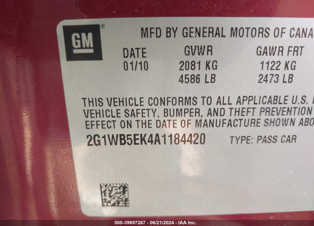 2010 CHEVROLET IMPALA LT VIN: 2G1WB5EK4A1184420