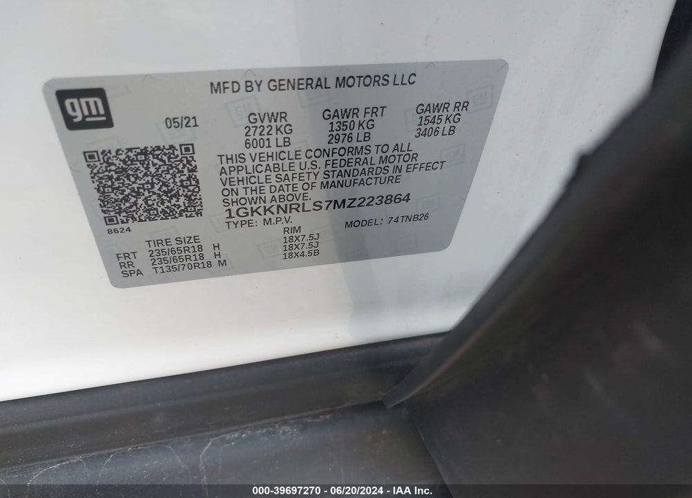 2021 GMC ACADIA AWD SLE VIN: 1GKKNRLS7MZ223864