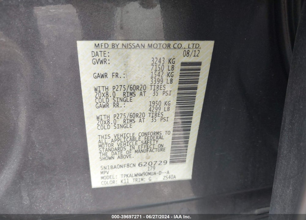 2012 NISSAN ARMADA VIN: 5N1BA0NF8CN620729