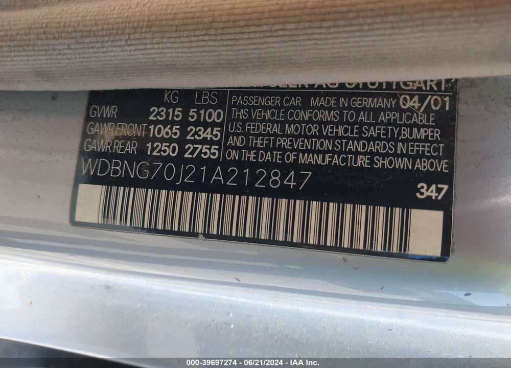2001 MERCEDES-BENZ S 430 VIN: WDBNG70J21A212847