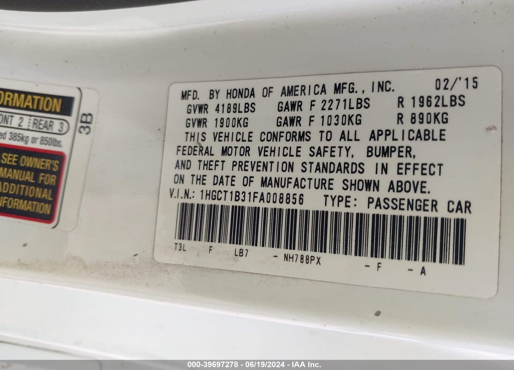 2015 HONDA ACCORD LX-S VIN: 1HGCT1B31FA008856