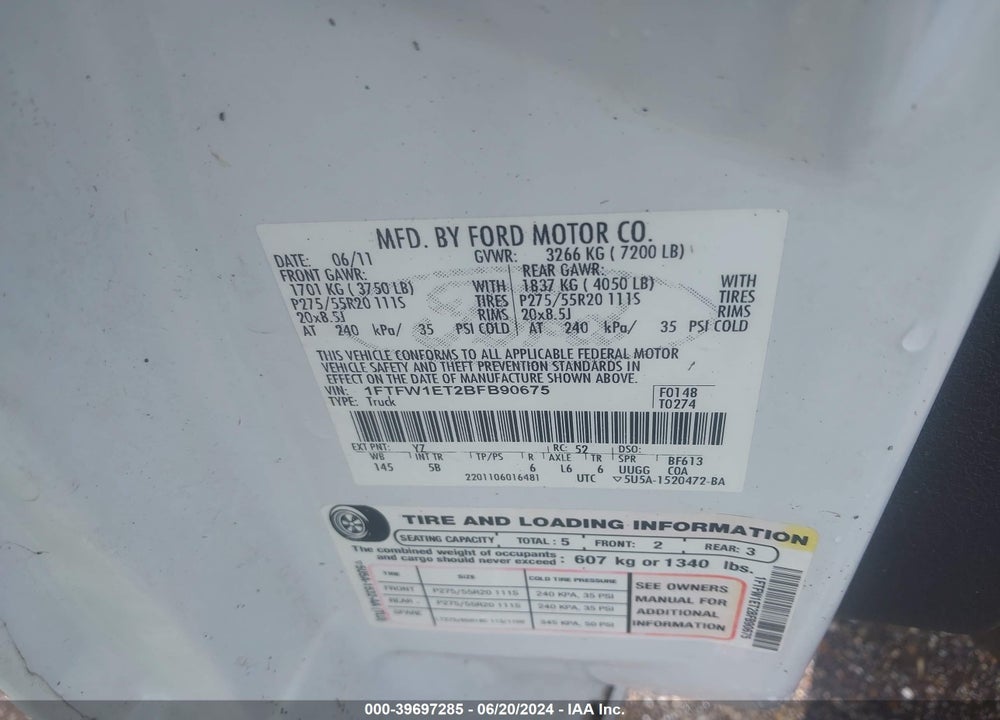 2011 FORD F-150 FX4 VIN: 1FTFW1ET2BFB90675