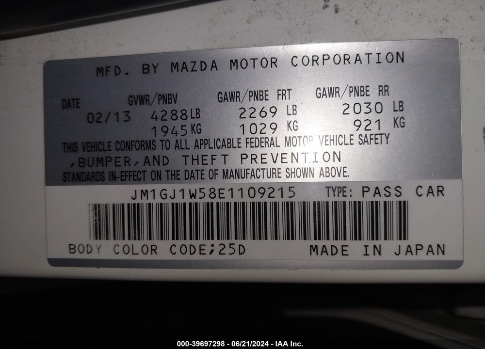 2014 MAZDA 6 I GRAND TOURING VIN: JM1GJ1W58E1109215