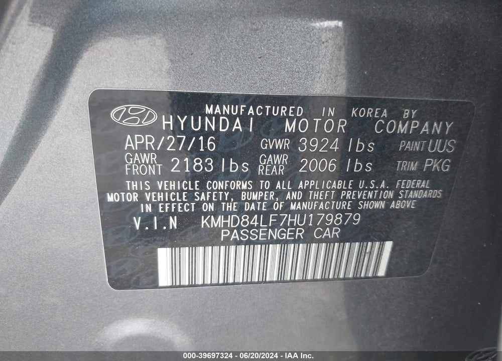 2017 HYUNDAI ELANTRA SE VIN: KMHD84LF7HU179879