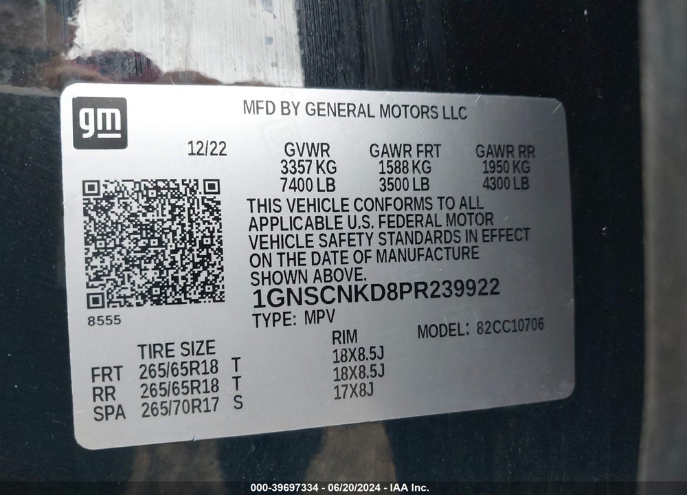 2023 CHEVROLET TAHOE 2WD LT VIN: 1GNSCNKD8PR239922