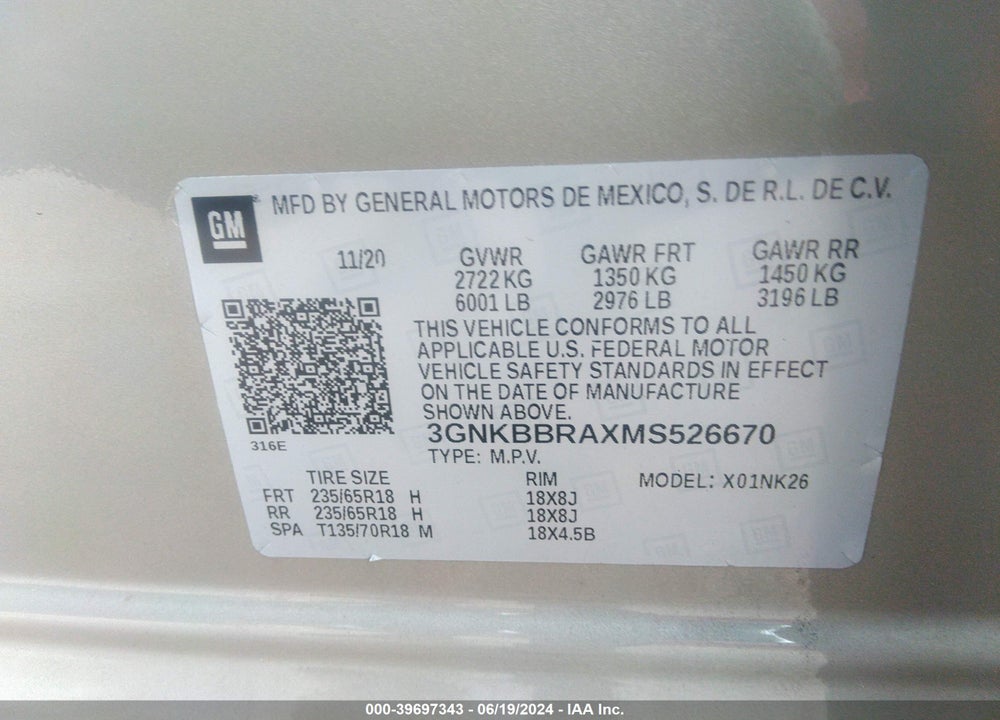 2021 CHEVROLET BLAZER FWD 1LT VIN: 3GNKBBRAXMS526670
