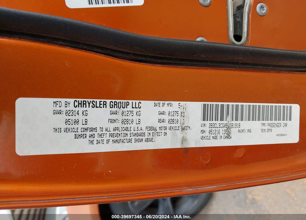 2011 DODGE CHARGER VIN: 2B3CL3CG0BH581918