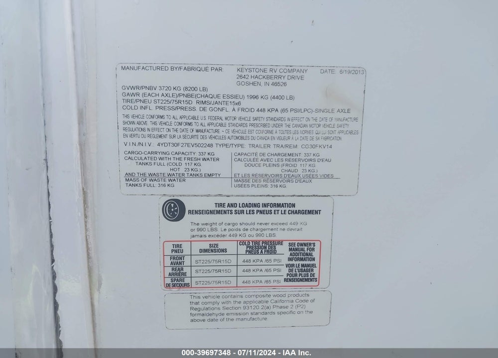 2014 KEYSTONE RV COUGAR X-LITE 30 FKV VIN: 4YDT30F27EV502248