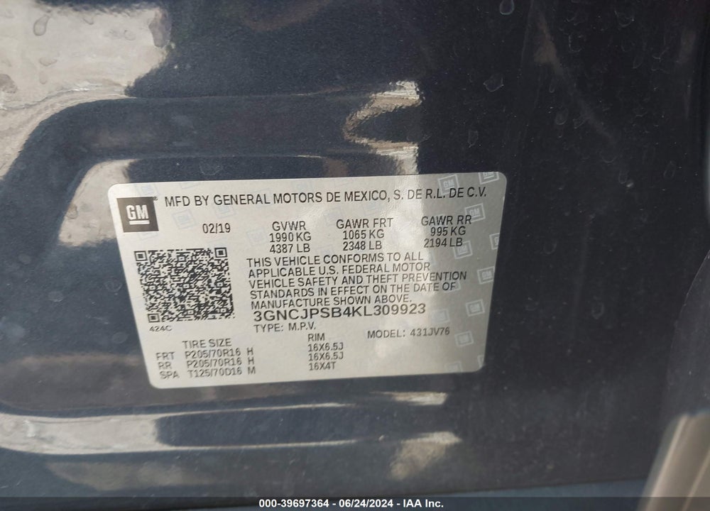 2019 CHEVROLET TRAX LT VIN: 3GNCJPSB4KL309923