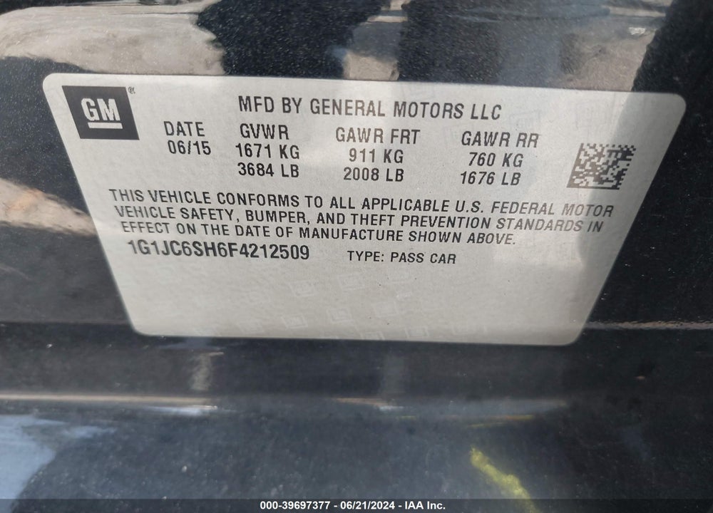 2015 CHEVROLET SONIC LT AUTO VIN: 1G1JC6SH6F4212509