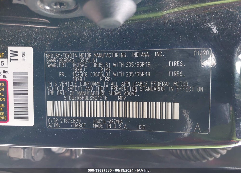 2020 TOYOTA HIGHLANDER XLE VIN: 5TDGZRBH3LS501316