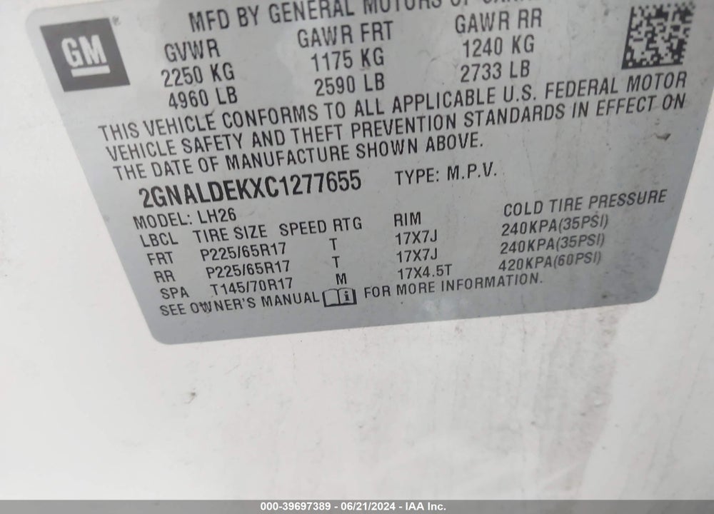 2012 CHEVROLET EQUINOX 1LT VIN: 2GNALDEKXC1277655