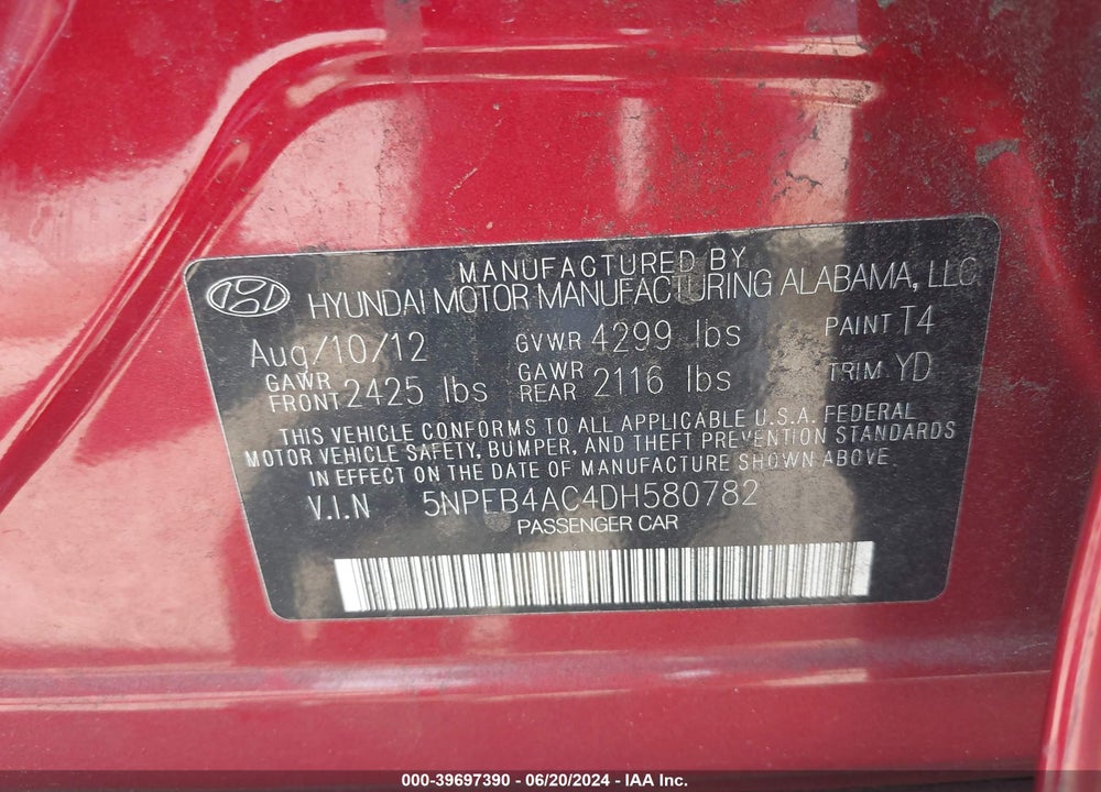 2013 HYUNDAI SONATA GLS VIN: 5NPEB4AC4DH580782