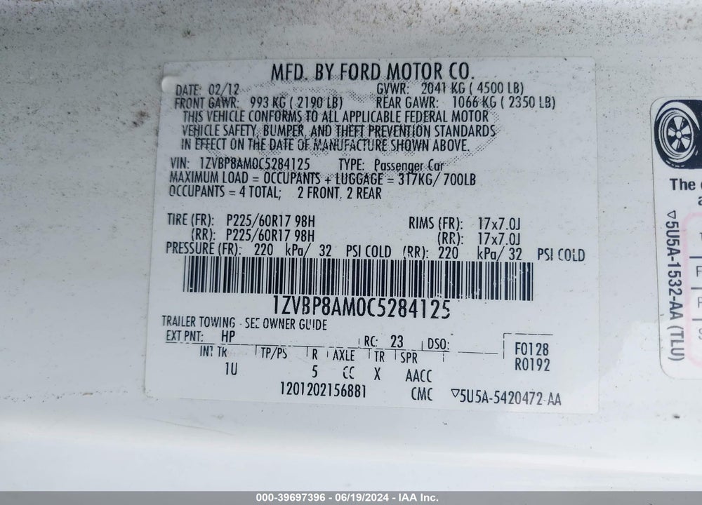 2012 FORD MUSTANG V6 VIN: 1ZVBP8AM0C5284125