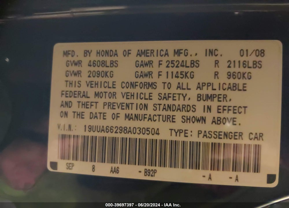 2008 ACURA TL 3.2 VIN: 19UUA66298A030504