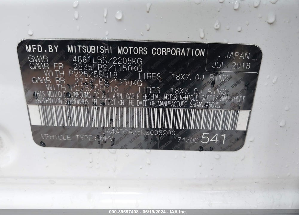 2019 MITSUBISHI OUTLANDER ES VIN: JA4AD2A35KZ008200