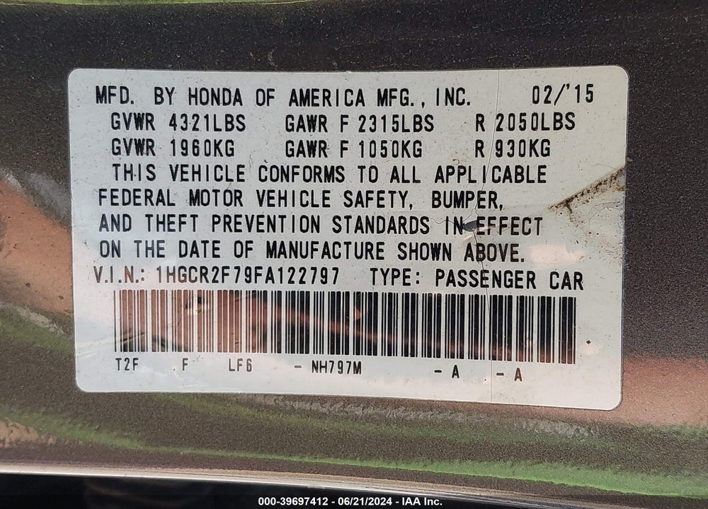 2015 HONDA ACCORD EX VIN: 1HGCR2F79FA122797