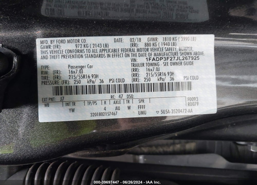 2018 FORD FOCUS SE VIN: 1FADP3F27JL267925