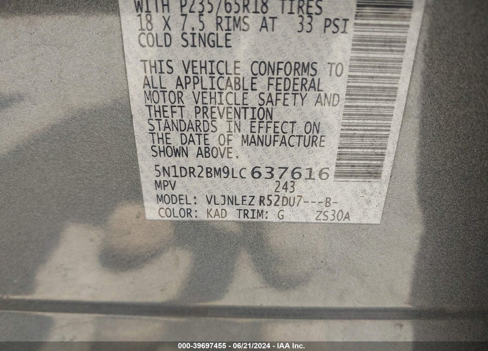 2020 NISSAN PATHFINDER SV 4WD VIN: 5N1DR2BM9LC637616