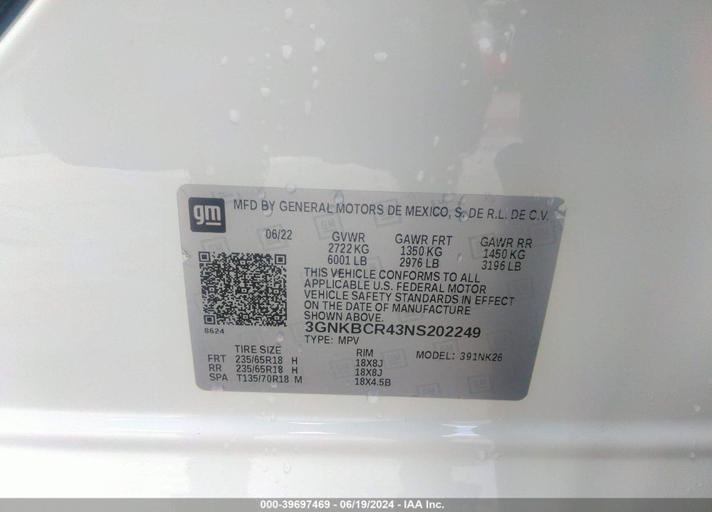 2022 CHEVROLET BLAZER FWD 2LT VIN: 3GNKBCR43NS202249