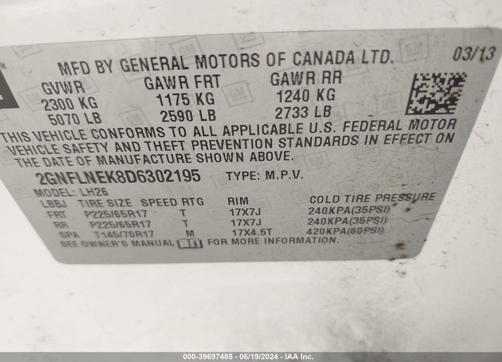 2013 CHEVROLET EQUINOX 2LT VIN: 2GNFLNEK8D6302195