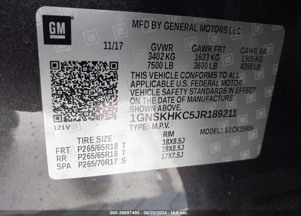 2018 CHEVROLET SUBURBAN LT VIN: 1GNSKHKC5JR189211