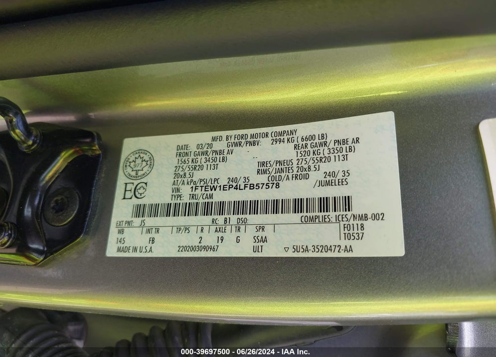 2020 FORD F-150 XLT VIN: 1FTEW1EP4LFB57578